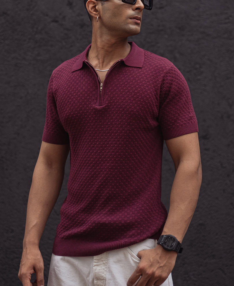 Wine Knitted Regular Fit Half Sleeves T-Shirt.