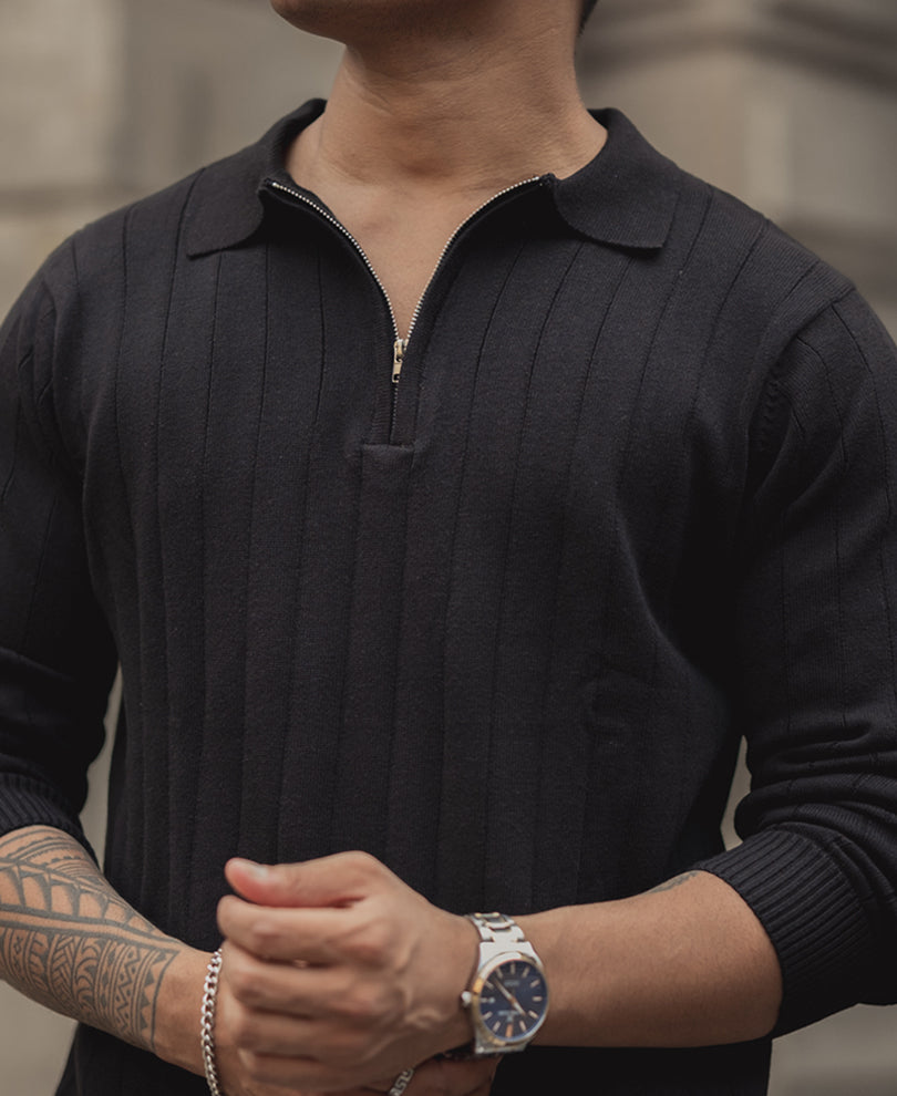 Black Knitted Regular Fit Full Sleeves T Shirt.