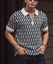 White and Black Knitted Regular Fit Half Sleeves Zipper T Shirt.