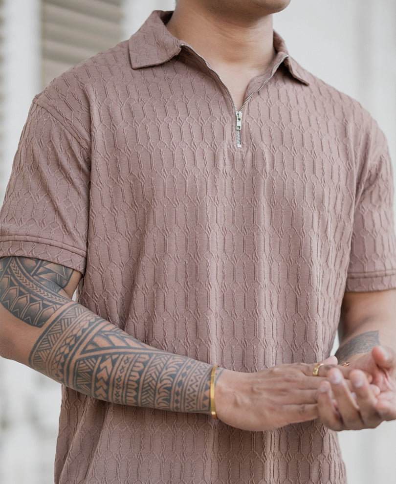 Dusty Brown Textured Polo T-Shirt.