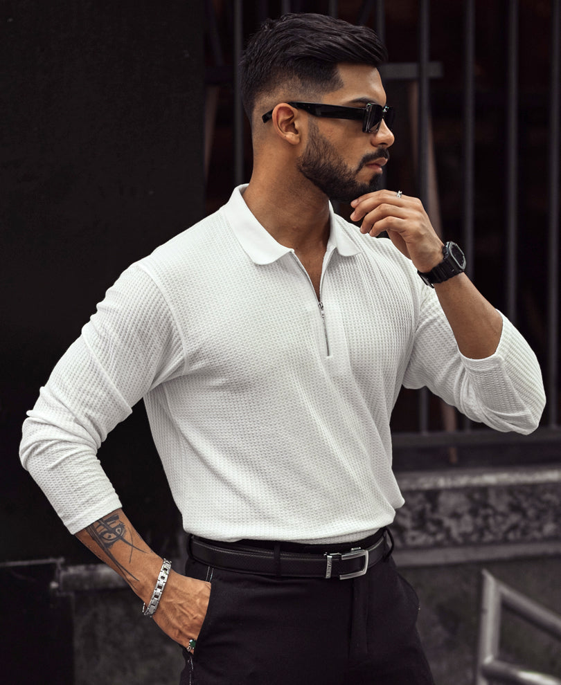 White Waffle Design Regular Fit Full Sleeve T-Shirt with Zipper.