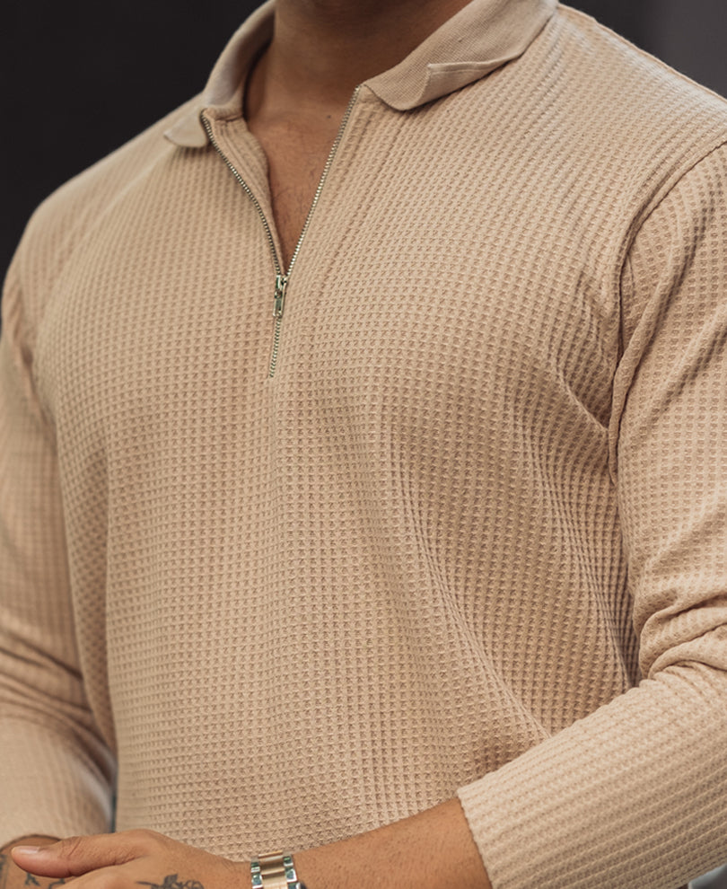 Light Fawn Waffle Design Regular Fit Full Sleeve T Shirt with Zipper.