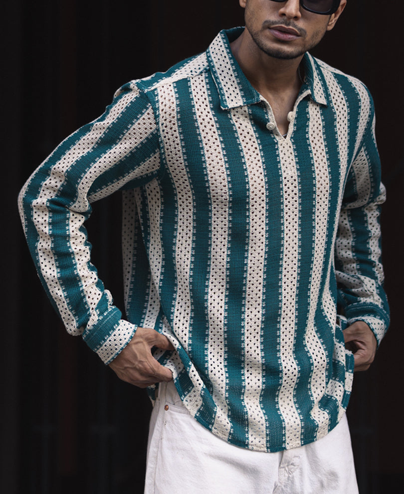 Sea Green and Off White Crochet Striped Regular Fit Full Sleeve Shirt.