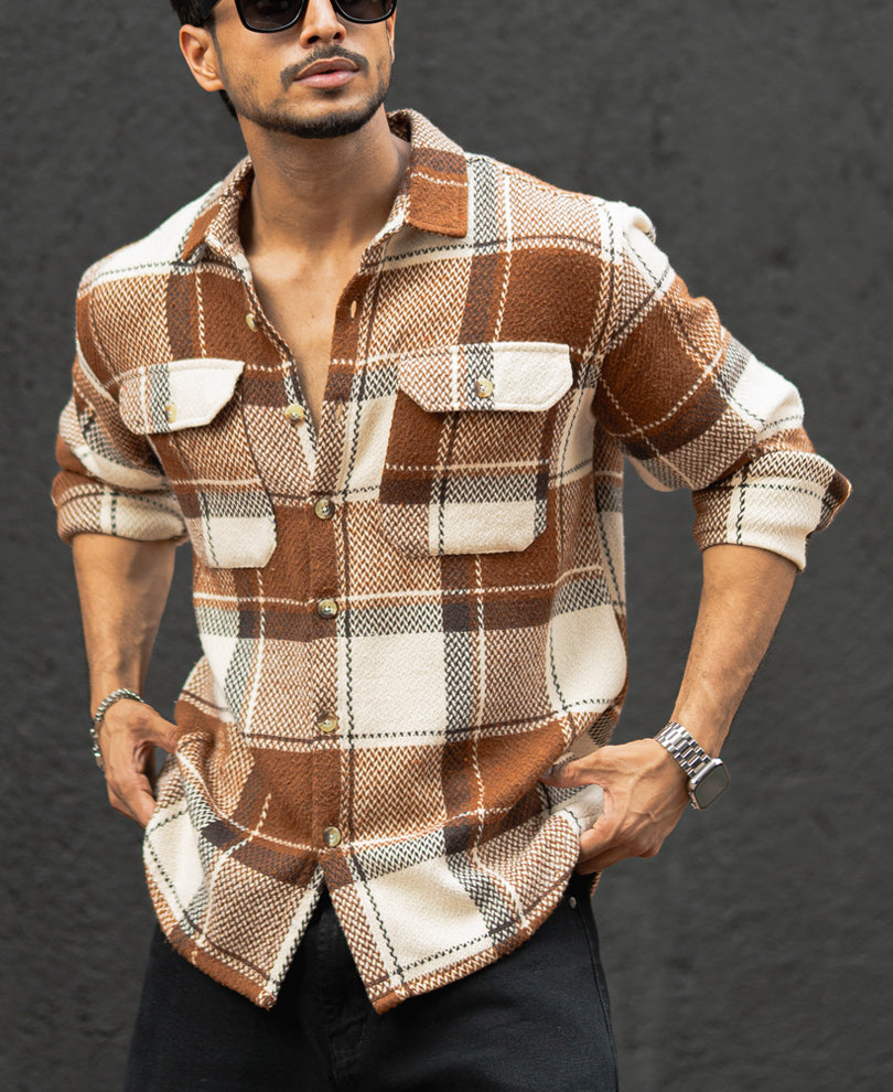 Brown And Off-White Checked Regular Fit Full Sleeves Shirt.