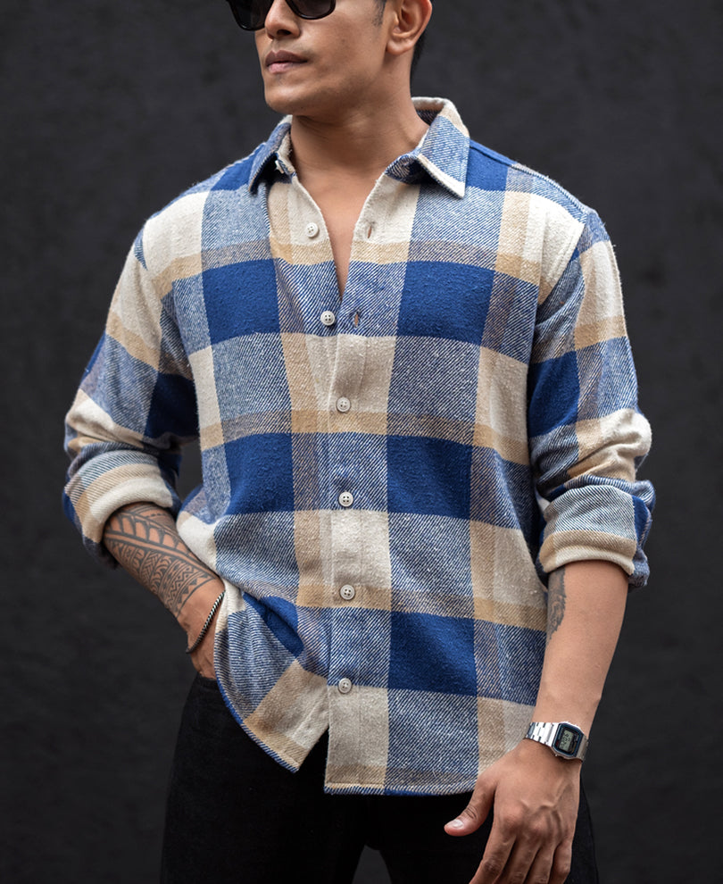 Blue And Off White Checked Regular Fit Full Sleeves Shirt.