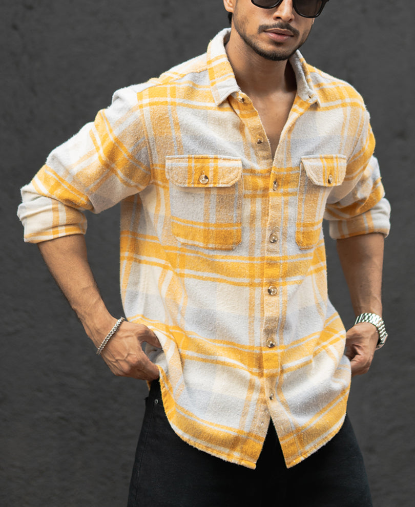 Mustard And Off-White Checks Regular Fit Full Sleeves Shirt.