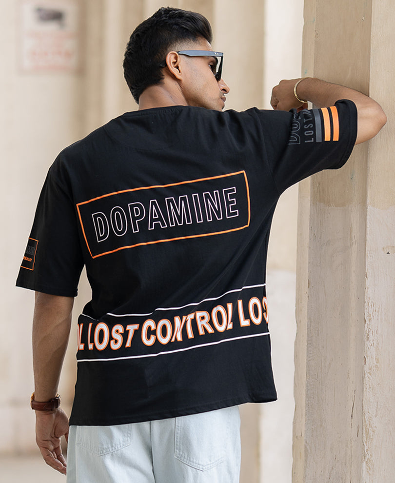 Black Oversized Half Sleeves Printed T-Shirt.