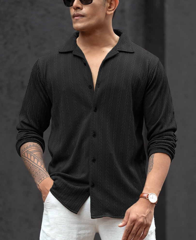 Black Structured Regular Fit Full Sleeves Shirt.
