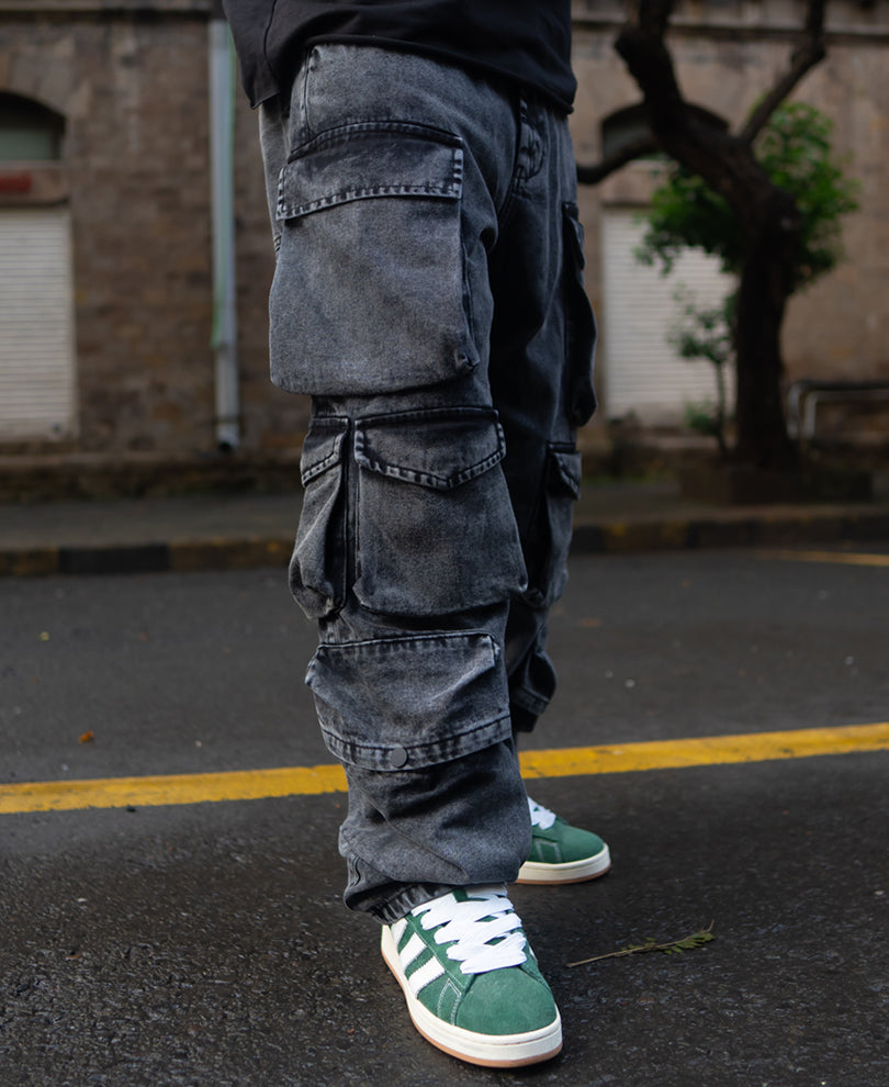 Carbon Black Baggy Fit Cargo Pockets Denim Jeans.