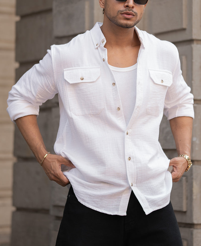 White Cotton Regular Fit Full Sleeves Shirt.