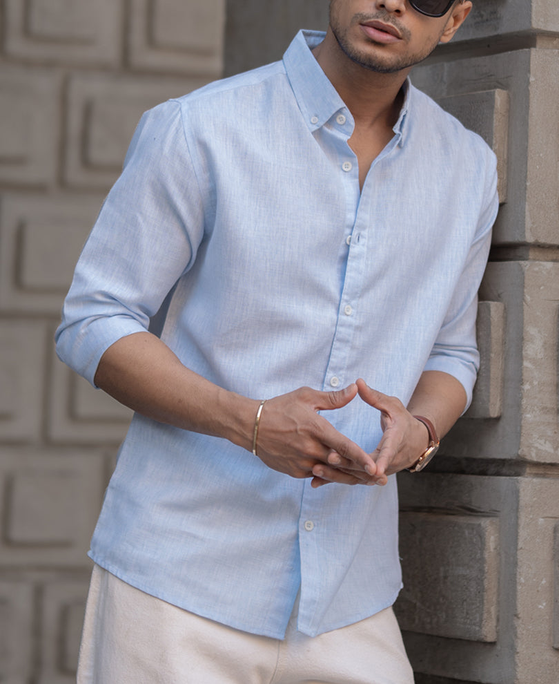 Sky Blue Plain Regular Fit Full Sleeves Shirt.