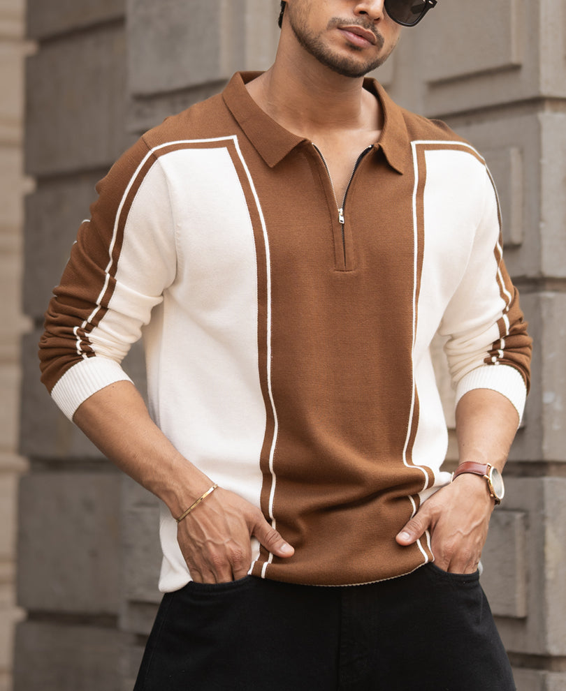 Brown-White Colour Blocked Polo T-Shirt.