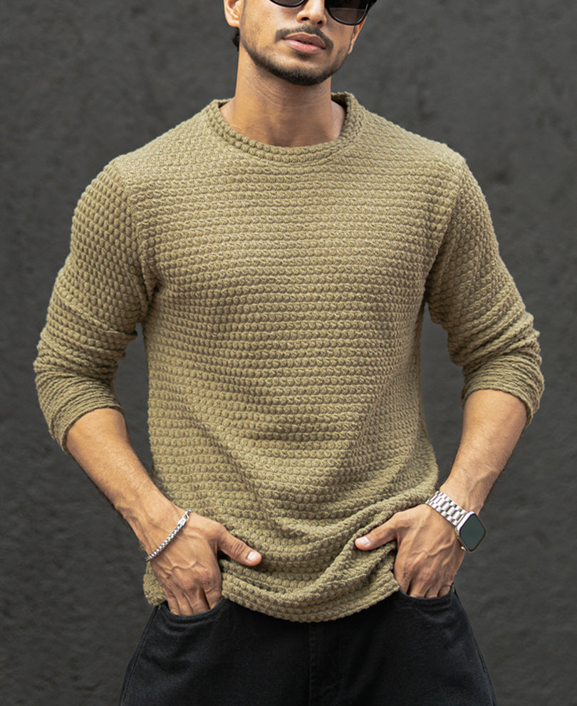 Olive Structured Regular Fit Full Sleeves T-Shirt.