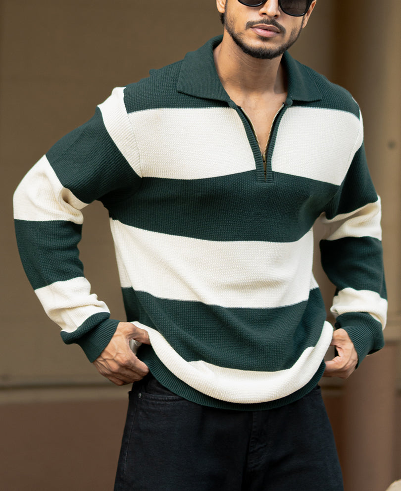Bottle Green And Butter Regular Fit Full Sleeves T-Shirt.