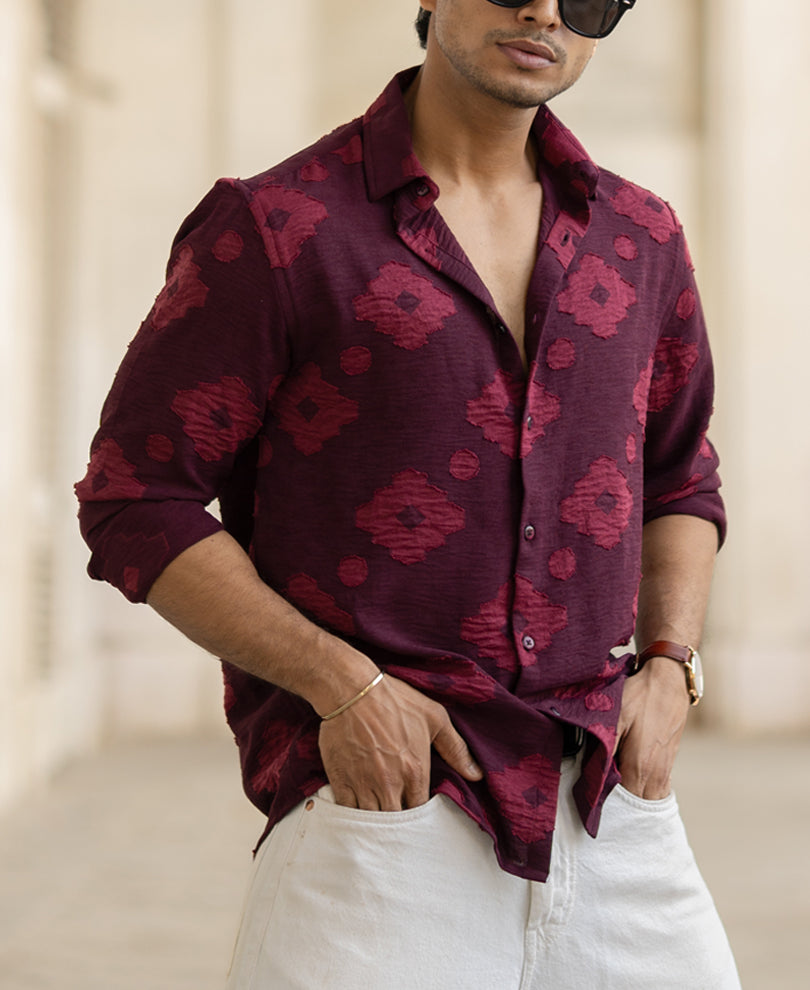 Wine Geometric Jacquard Shirt.