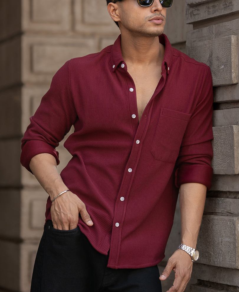 Maroon Corduroy Regular Full Sleeves Shirt.