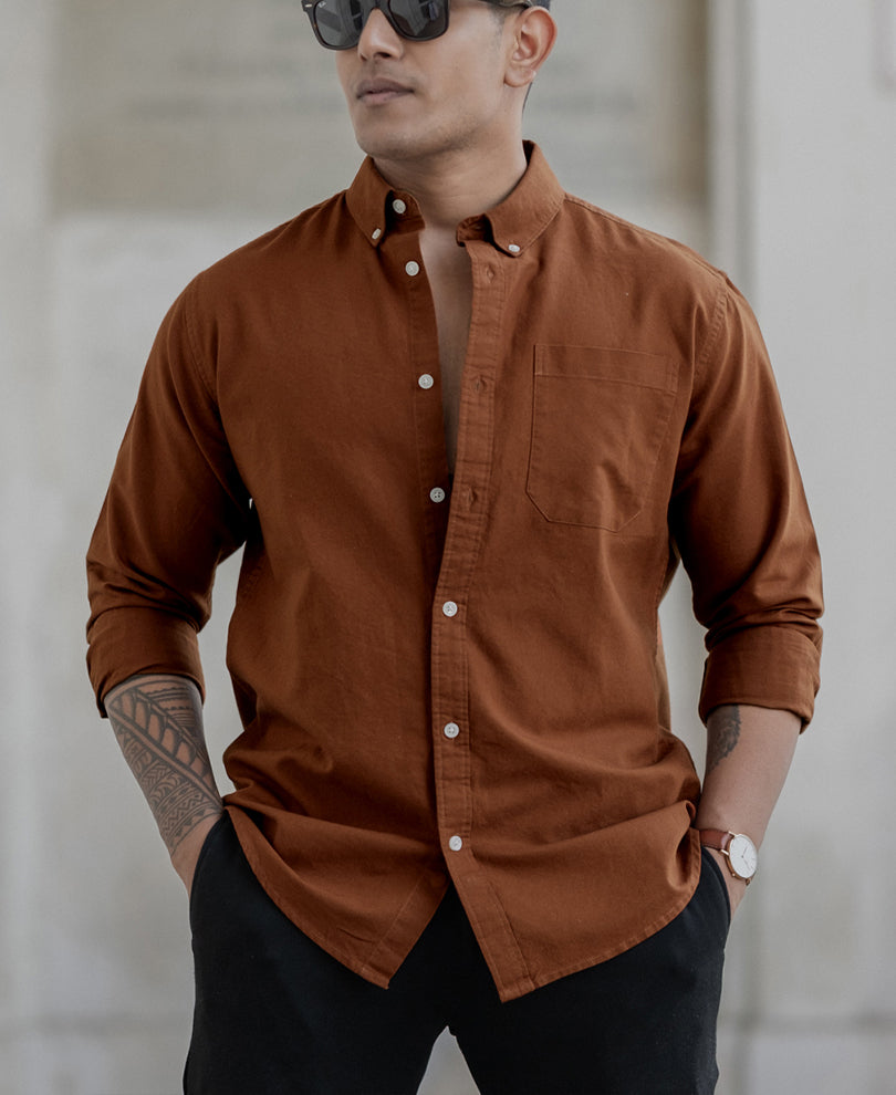 Tan Oxford Shirt.