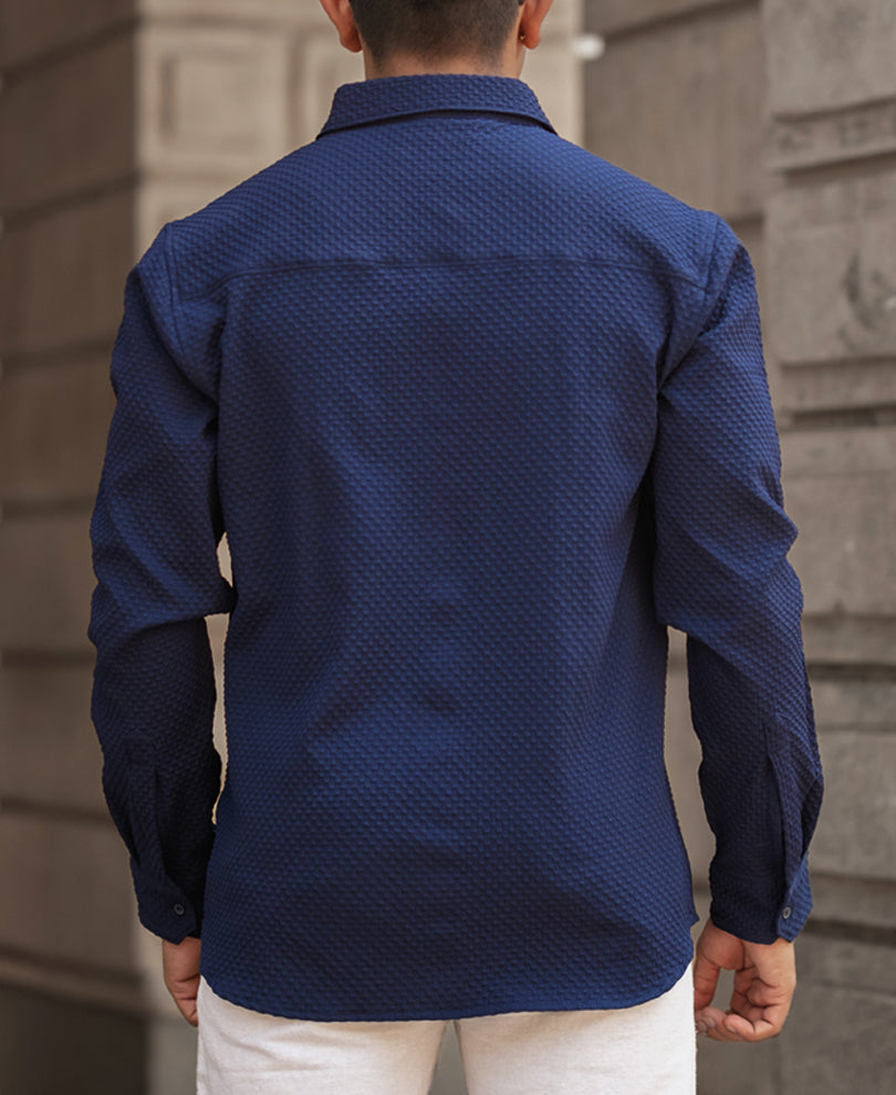 Navy Blue Structured Regular Fit Shirt.