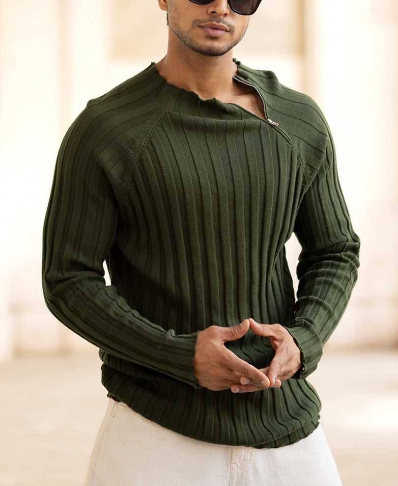 Olive High Neck Ribbed T-Shirt.