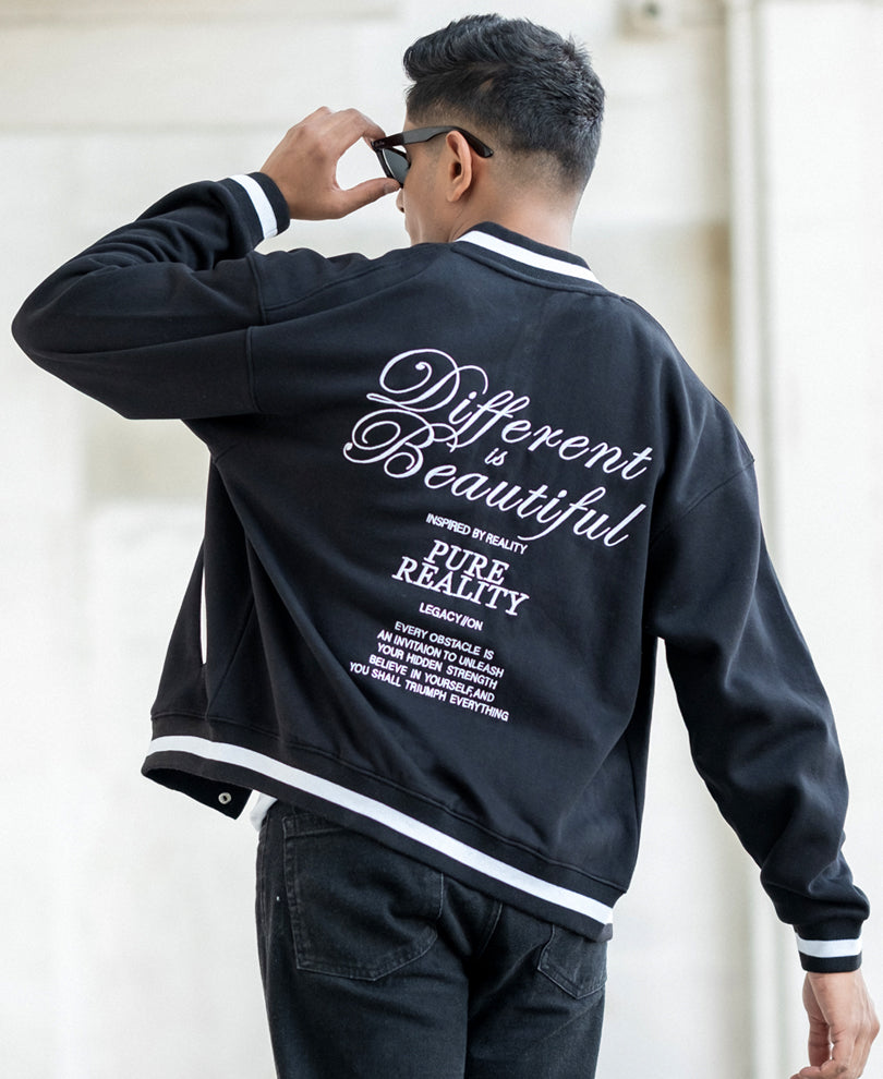Black Embroidered Varsity Jacket.