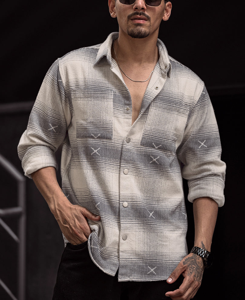 Grey and Off White Flannel Regular Fit Full Sleeves Shirt.