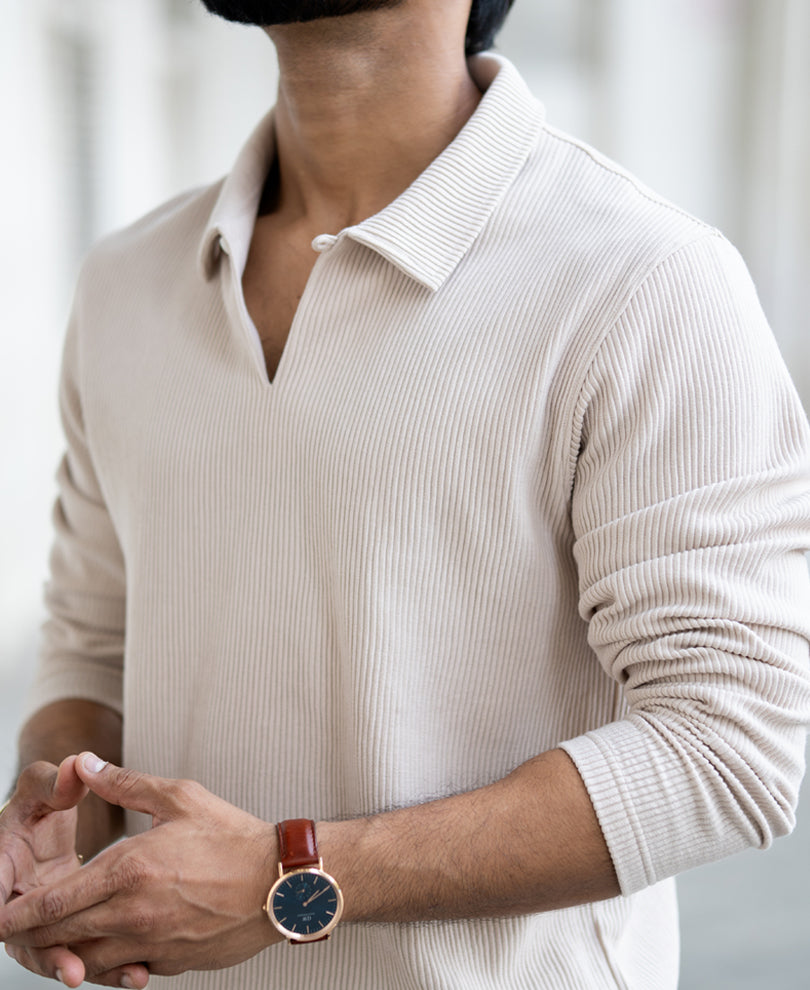 Beige Corduroy Regular Fit Full Sleeves T-Shirt.