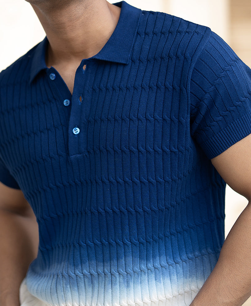 Blue Ombre Knit Polo T-Shirt.