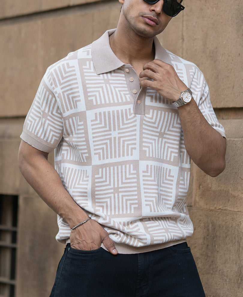 Beige Geometric Jacquard T-Shirt.
