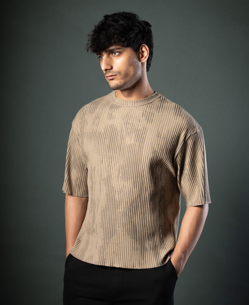 Beige Printed Structure Stripe T-Shirt.