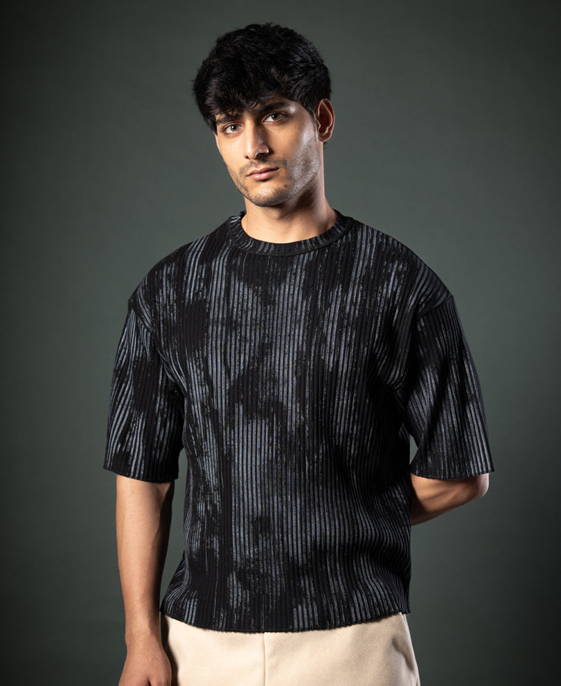 Black Printed Structure Stripe T-Shirt.