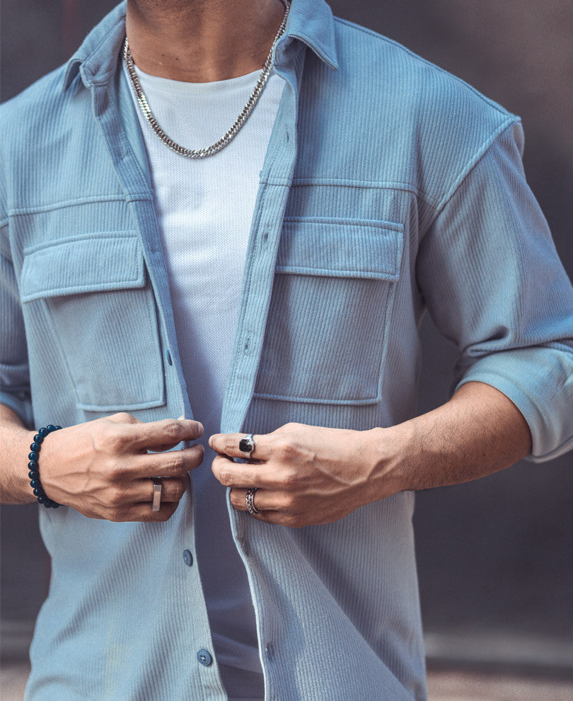 Sky Blue Chest Pocket Oversize Drop Shoulder Shirt.
