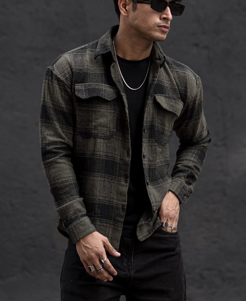 Olive Green Pocket Checked Oversize Drop Shoulder Shirt.