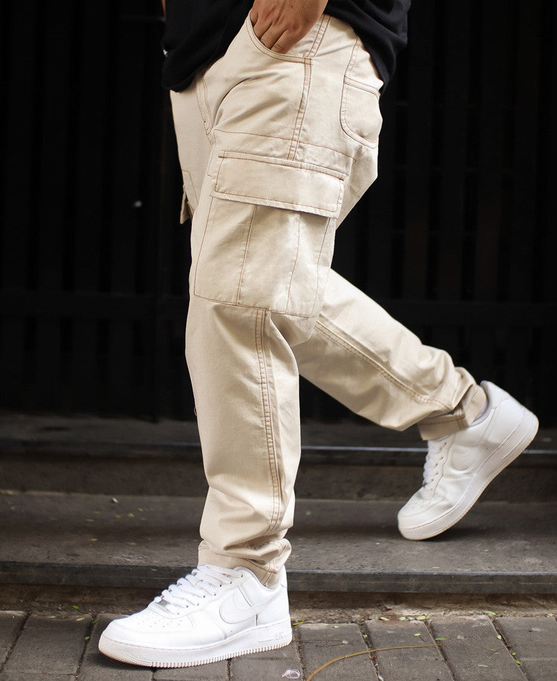 Cream Regular Fit Pocket Cargo Pant.