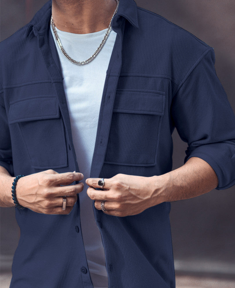 Navy Blue Pocket Oversize Shacket Drop Shoulder Shirt.