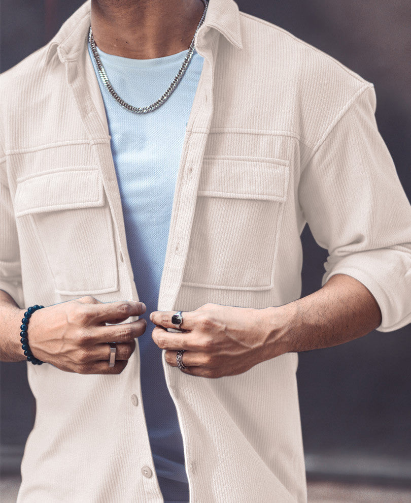 Cream Chest Pocket Shacket Oversize Drop Shoulder Shirt.