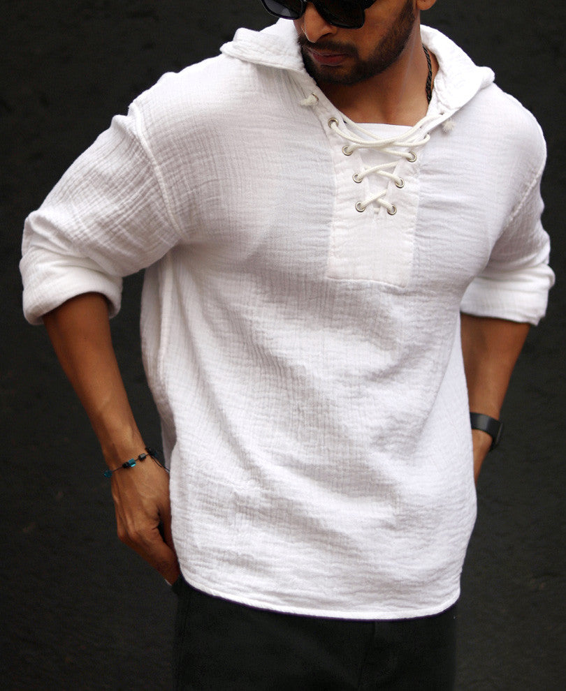 White Hoodie Oversize Drop Shoulder Shirt.