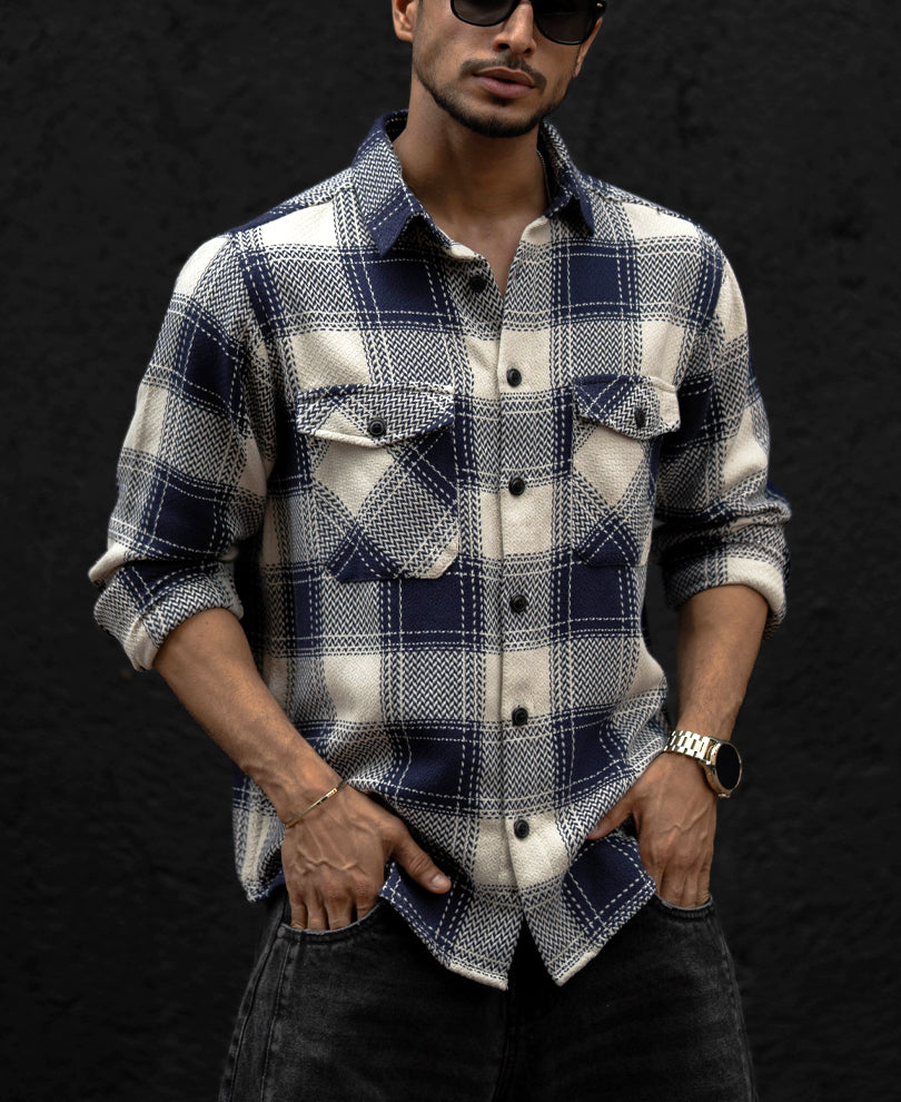 Navy Blue Regular Fit Checked Full Sleeves Shirt.