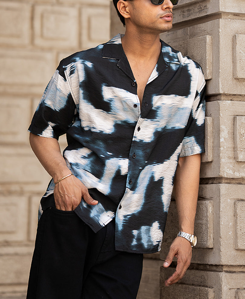 Black Abstract Cuban Printed Oversized Half Sleeves Shirt.