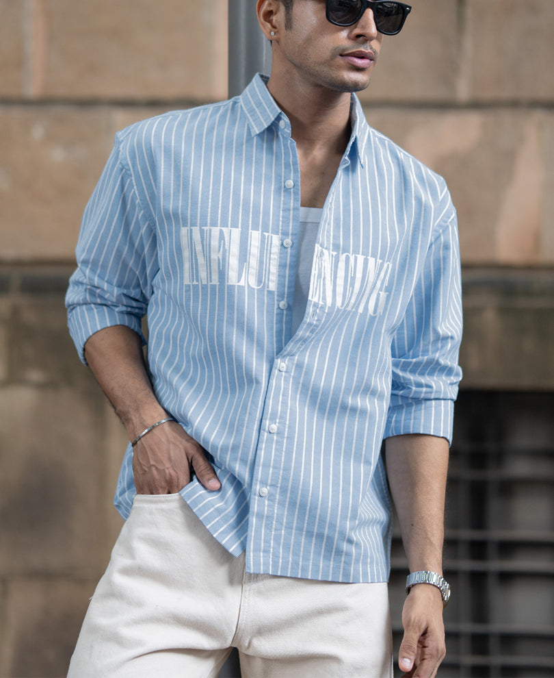Blue Oversize Stripe Shirt With Print.