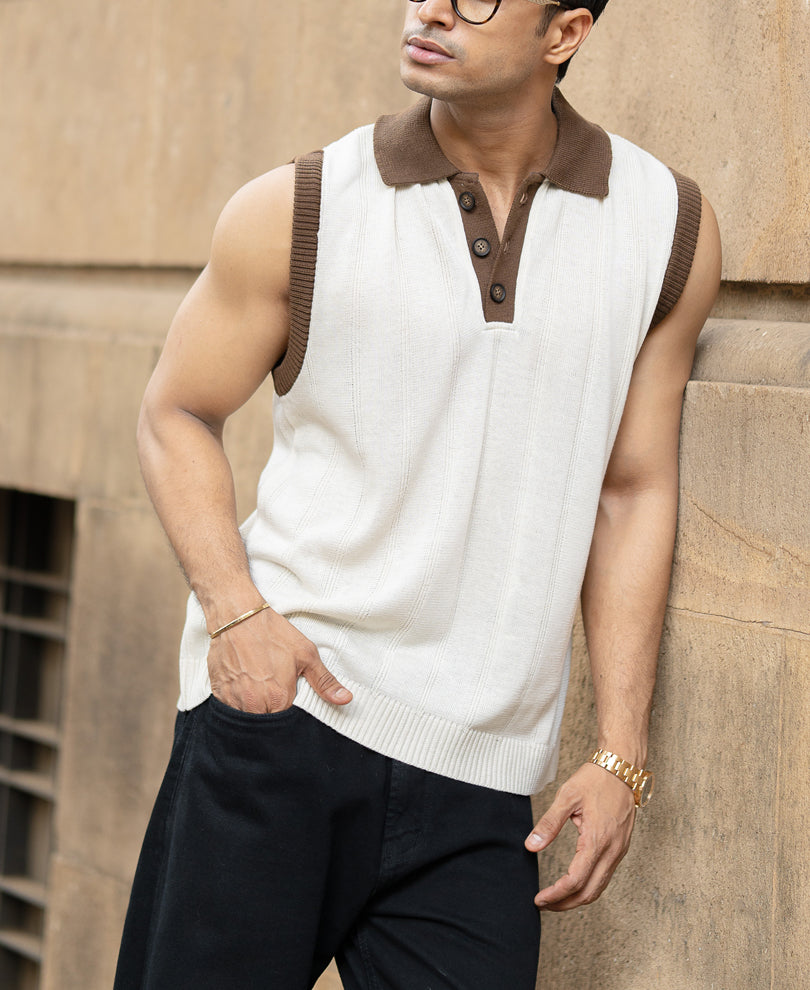 Cream Contrast Collar Knit Sando.