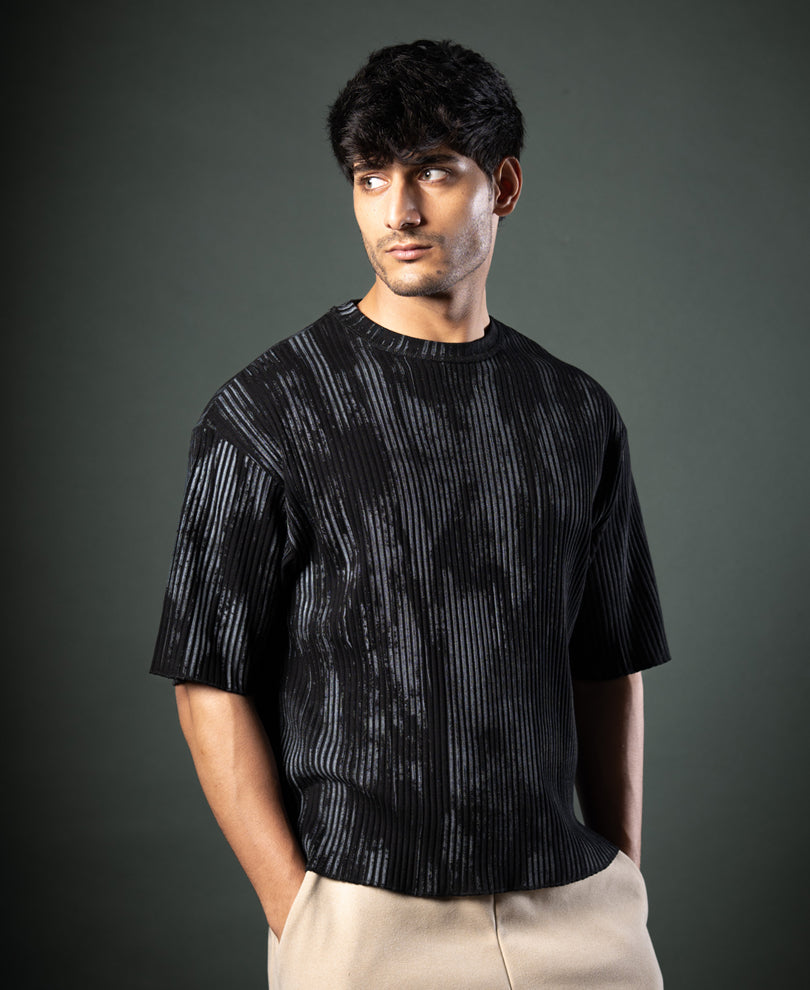 Black Printed Structure Stripe T-Shirt.