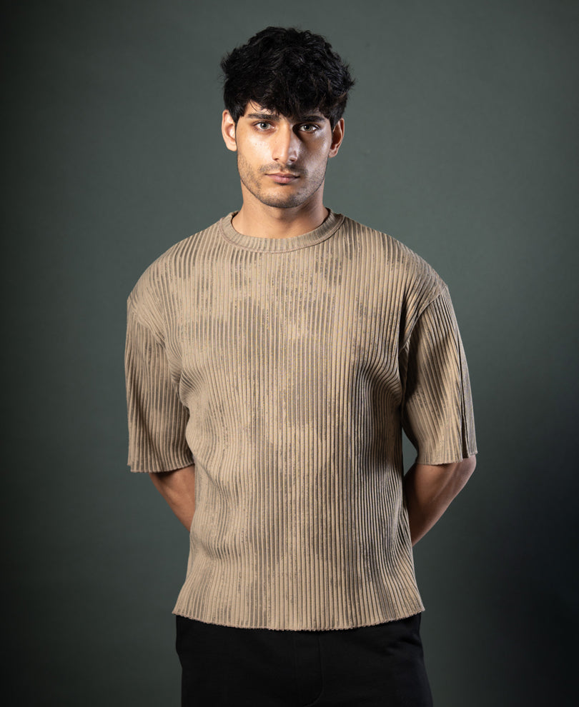 Beige Printed Structure Stripe T-Shirt.