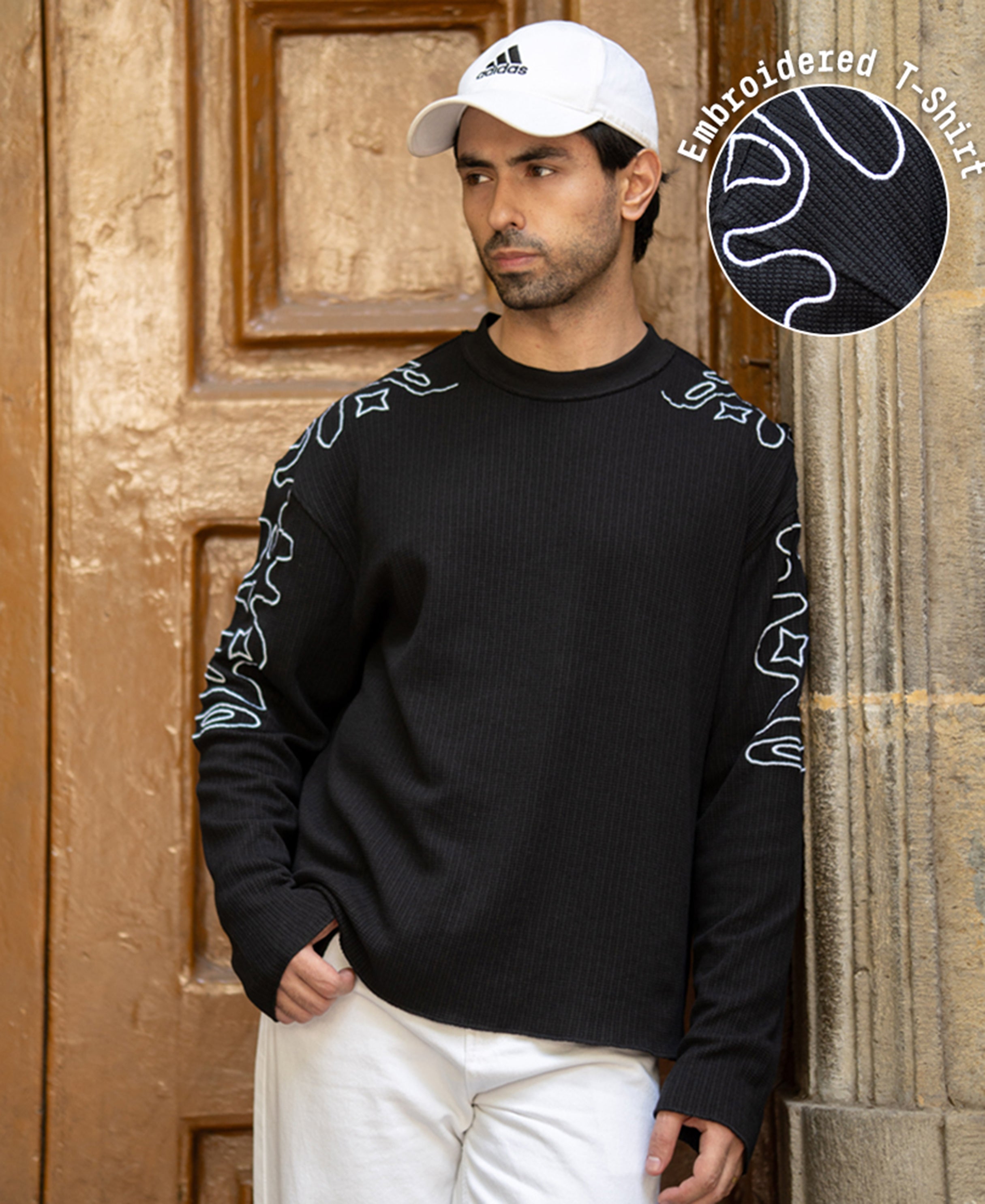 Black Embroidered Structured T-Shirt