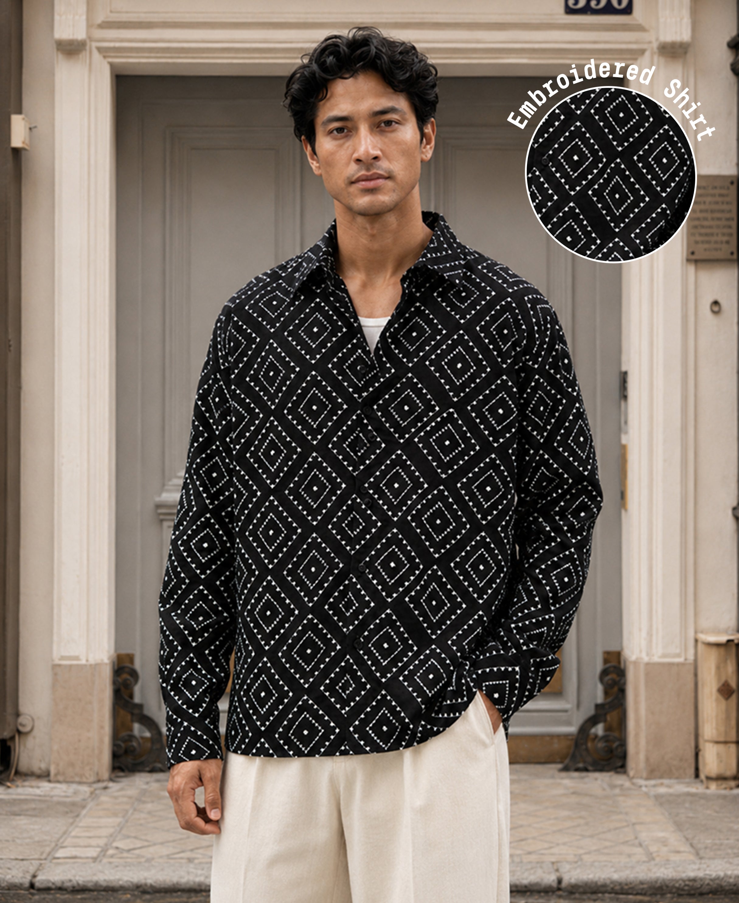 Black Geometric Embroidery Shirt 100% Cotton