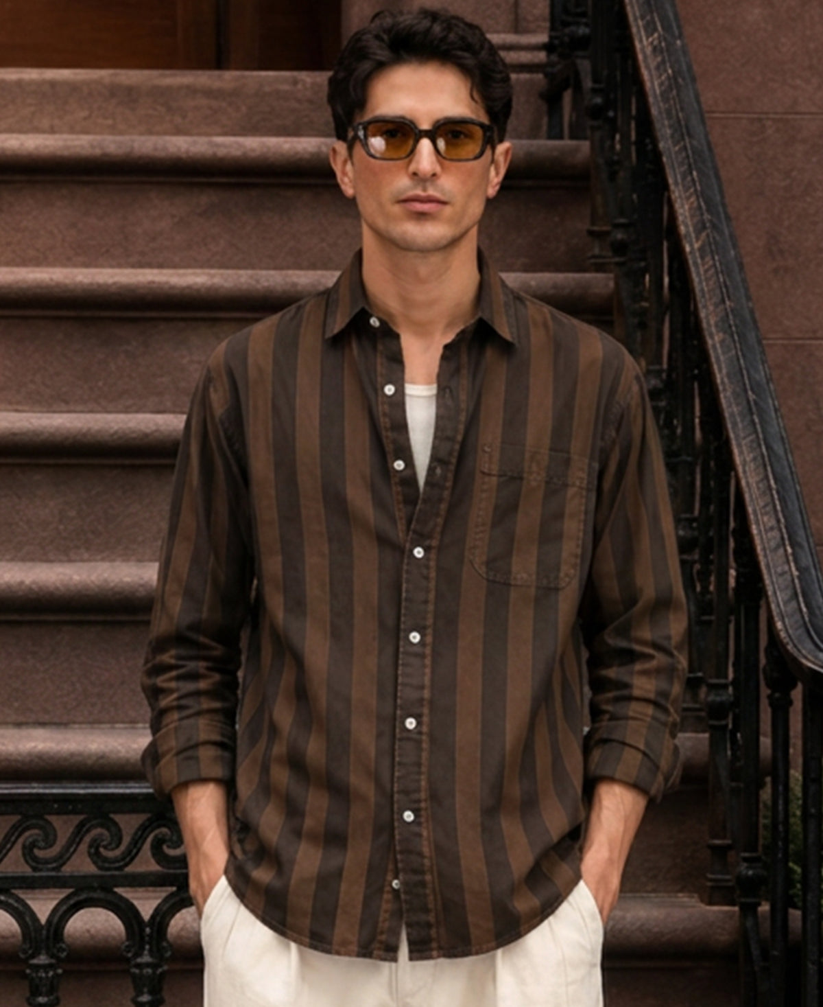 Brown Tonal Stripe Washed Shirt 100% Cotton