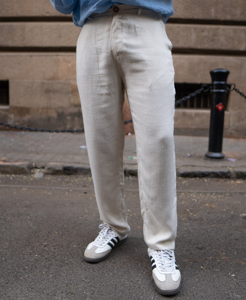 Beige Self Stripe Linen Pant.