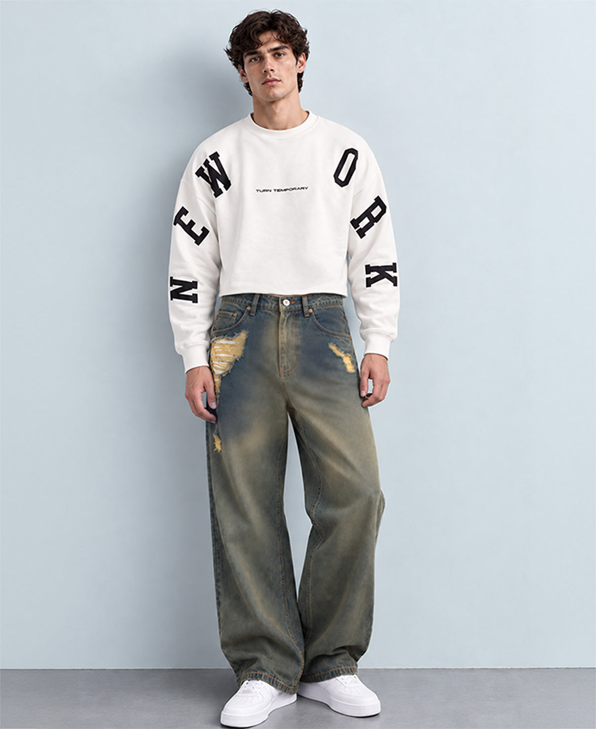 Tinted Blue Distressed Baggy Fit Jeans