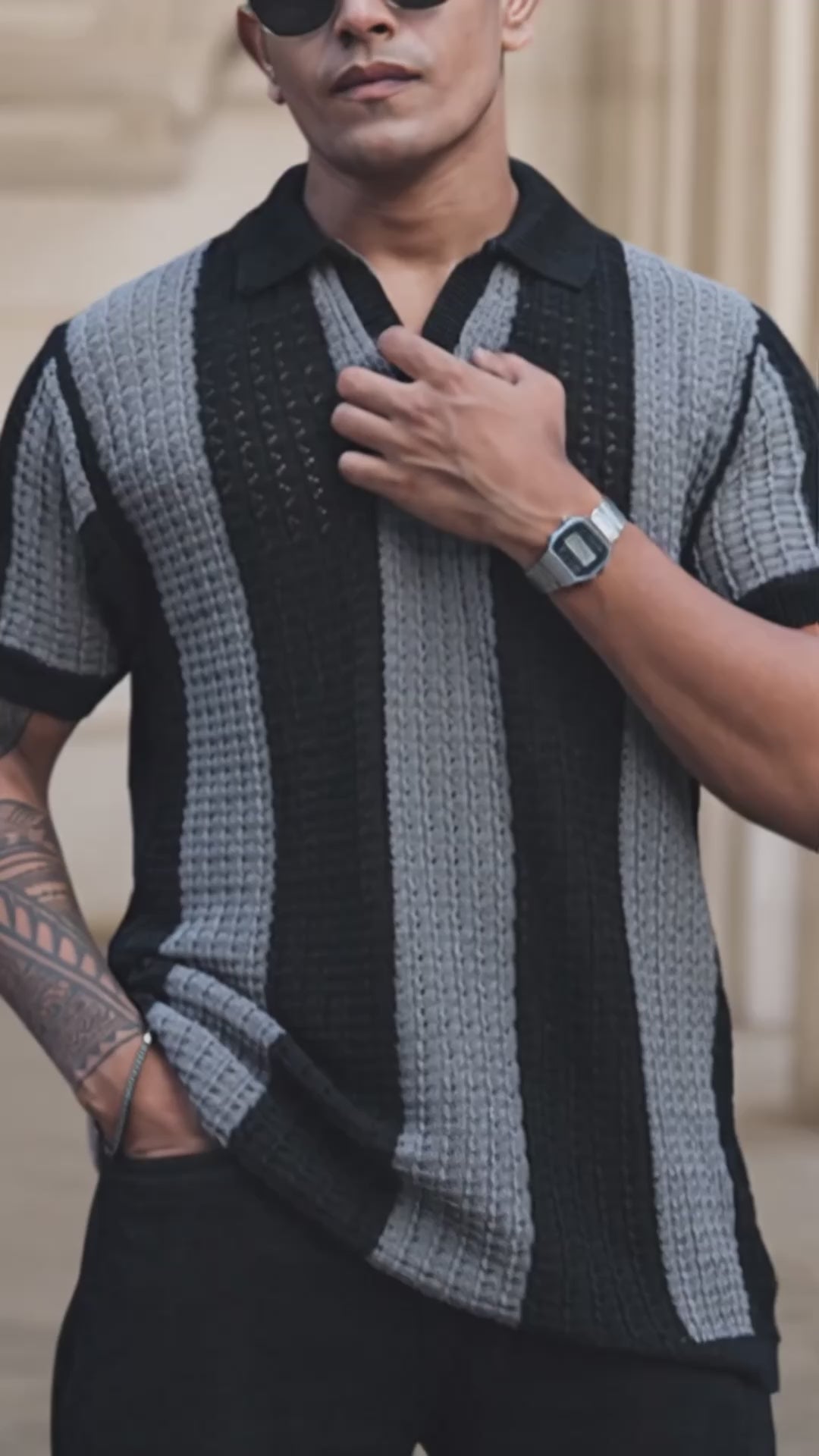 Load video: Black and Grey Crochet Striped Reglular Half Sleeves T Shirt.