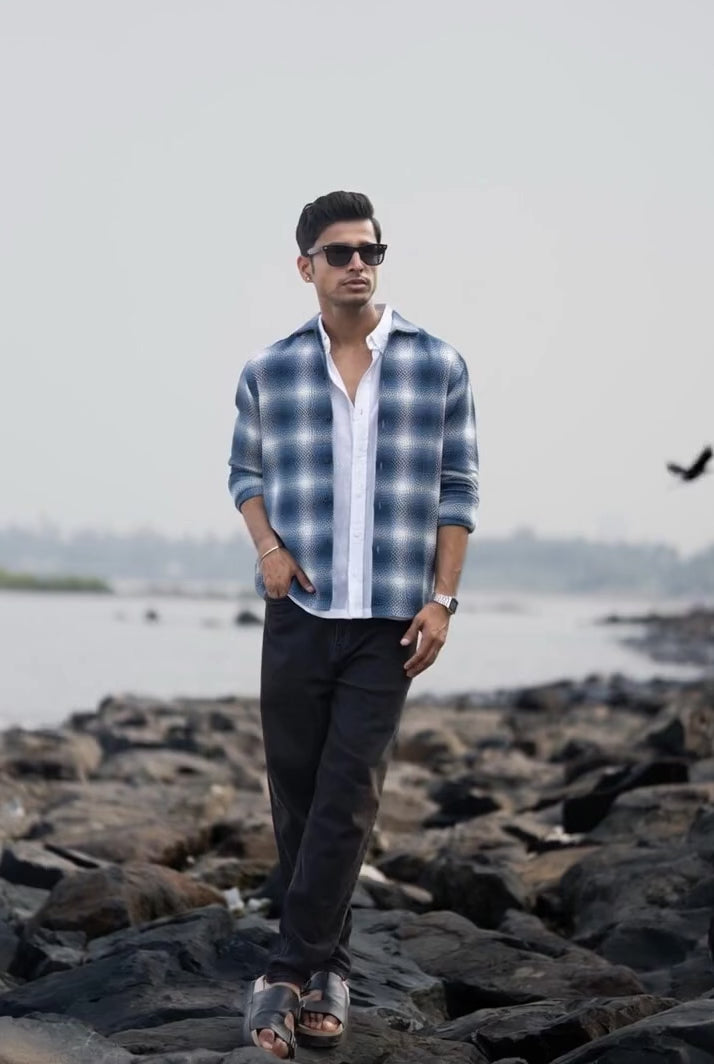 Load video: Blue Structured Checks Overshirt.