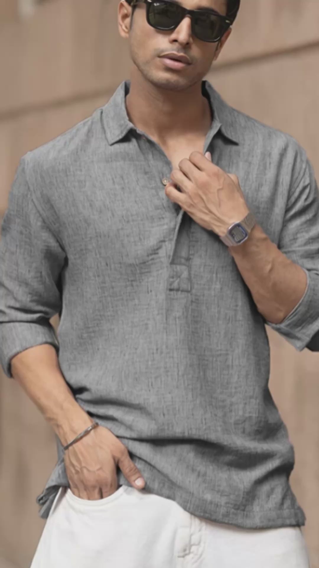 Load video: Dark Grey Slub Kurta Shirt.